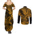 Hawaii Shark Couples Matching Summer Maxi Dress and Long Sleeve Button Shirts Polynesian Pattern Gold Version LT01 - Polynesian Pride