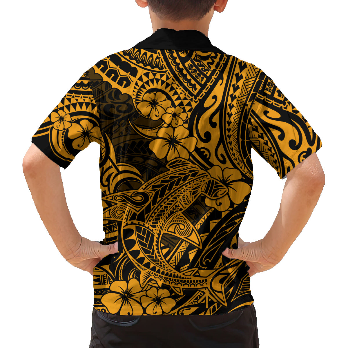 Hawaii Shark Family Matching Off Shoulder Long Sleeve Dress and Hawaiian Shirt Polynesian Pattern Gold Version LT01 - Polynesian Pride