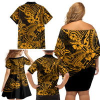 Hawaii Shark Family Matching Off Shoulder Short Dress and Hawaiian Shirt Polynesian Pattern Gold Version LT01 - Polynesian Pride