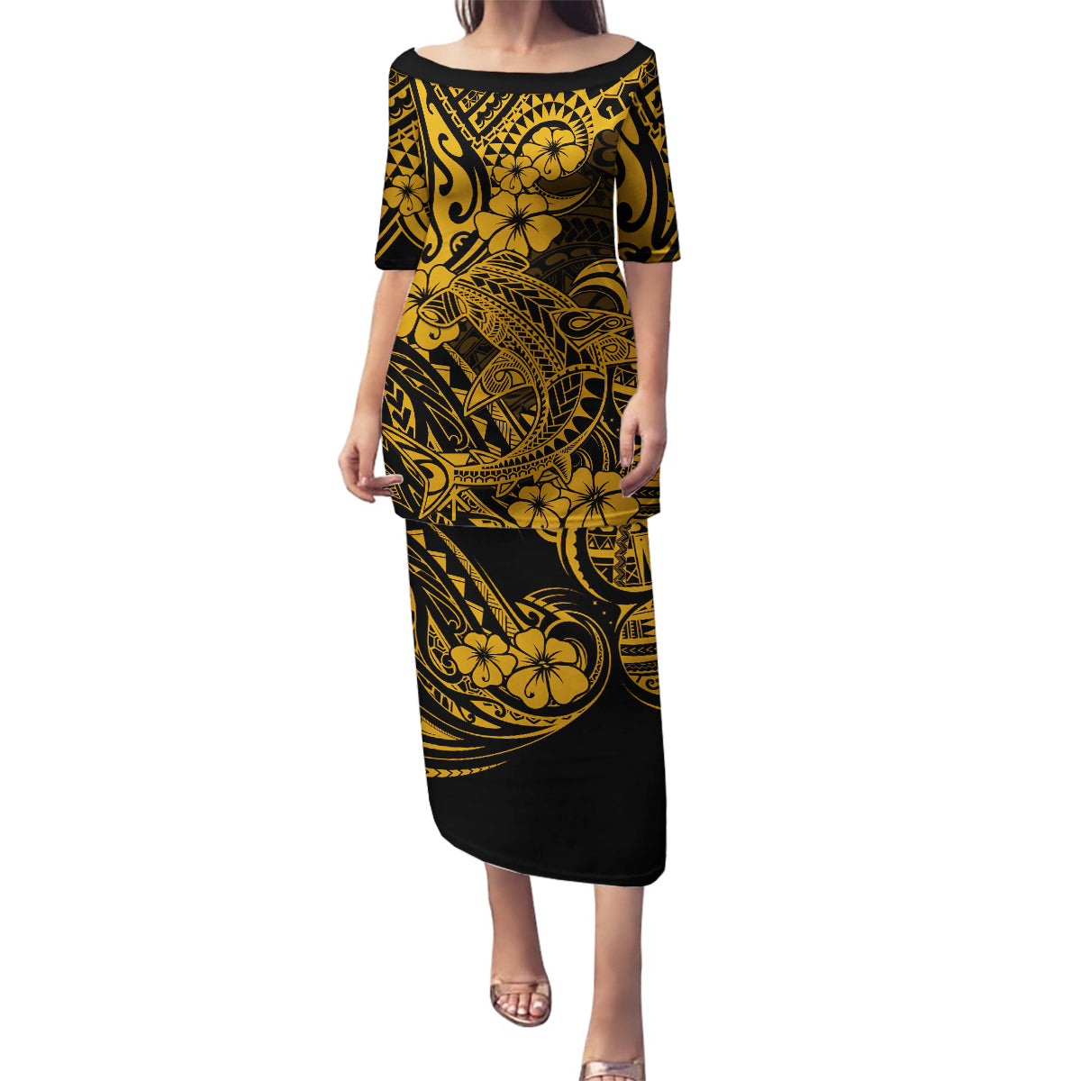 Hawaii Shark Family Matching Puletasi Dress and Hawaiian Shirt Polynesian Pattern Gold Version LT01 Mom's Dress Gold - Polynesian Pride
