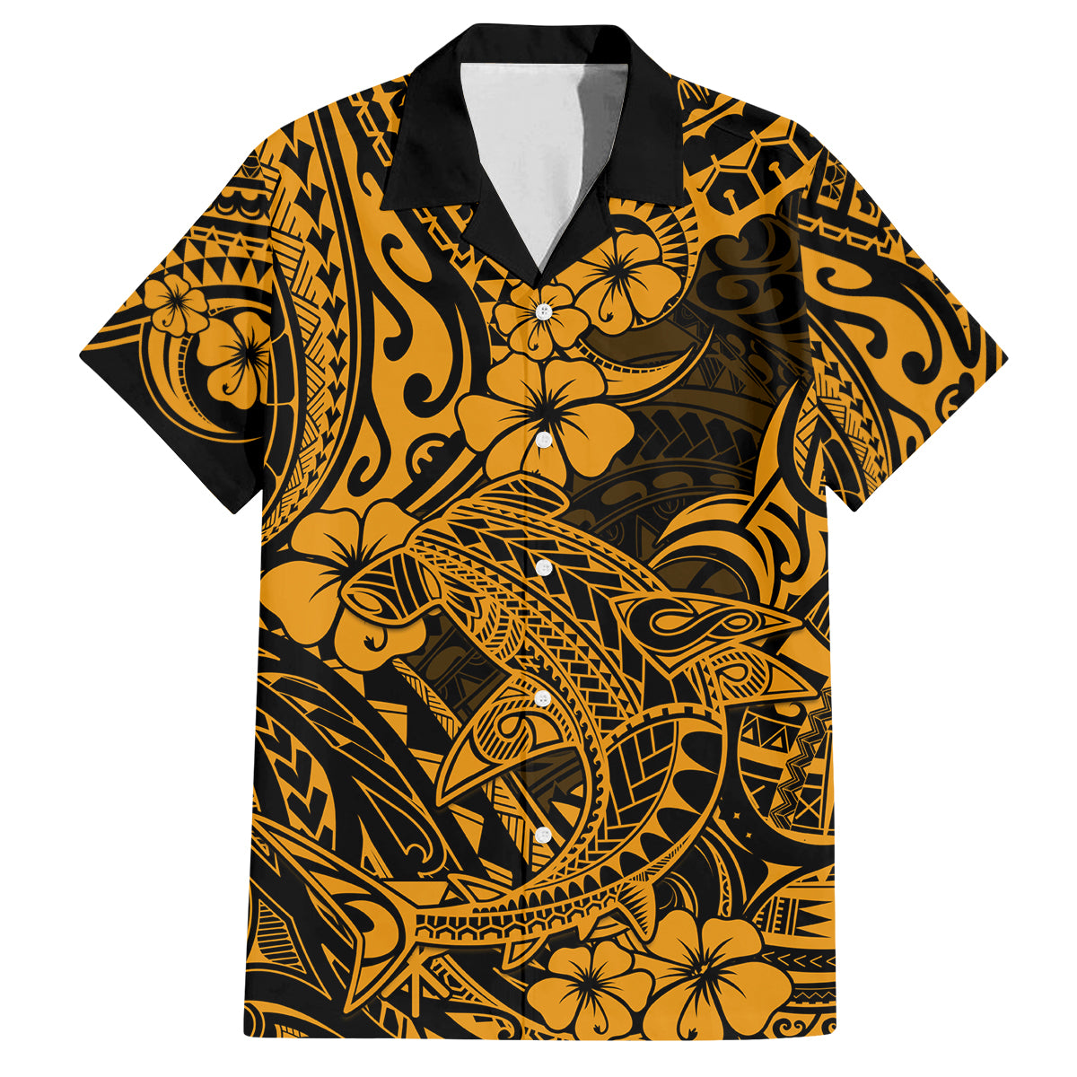 Hawaii Shark Family Matching Tank Maxi Dress and Hawaiian Shirt Polynesian Pattern Gold Version LT01 Dad's Shirt - Short Sleeve Gold - Polynesian Pride
