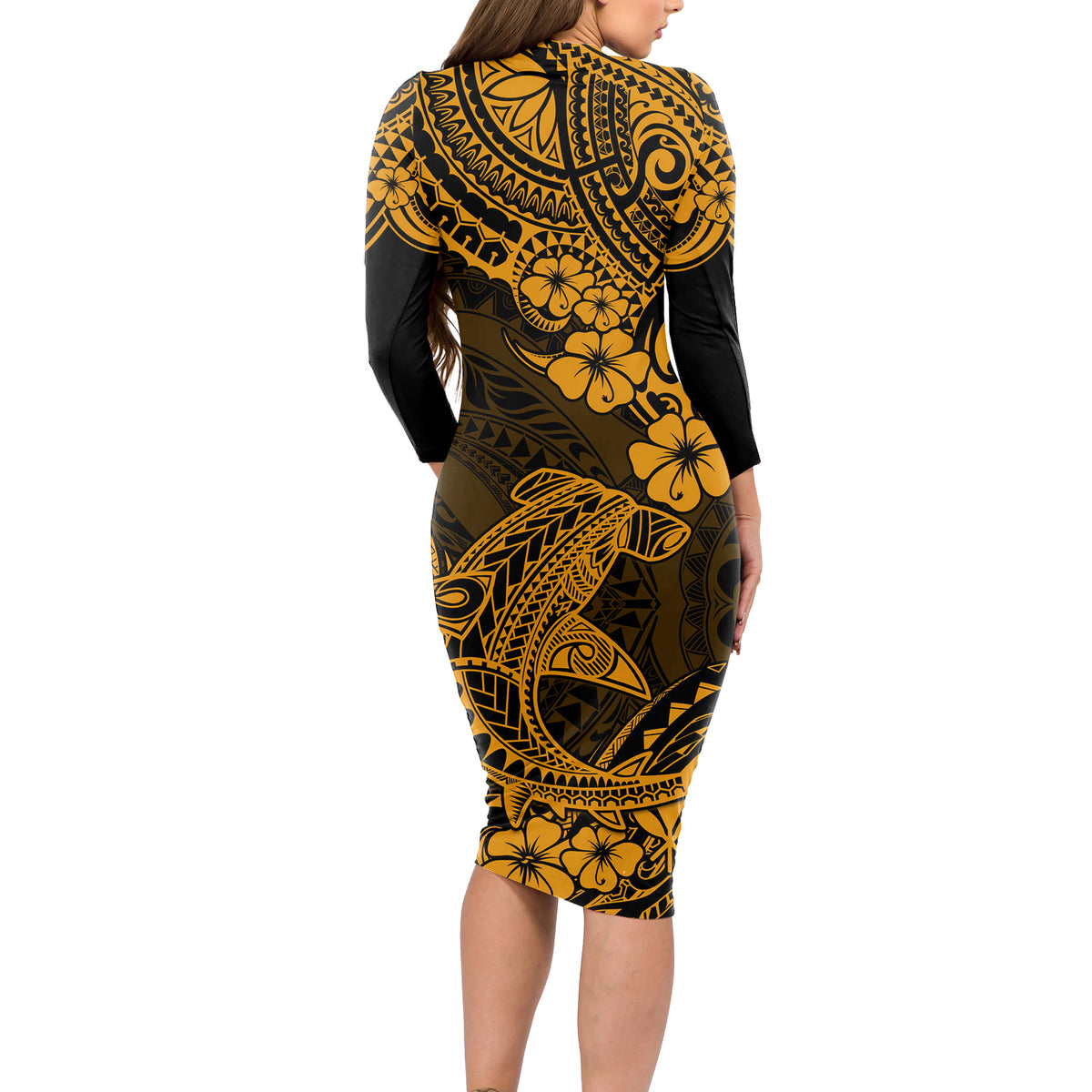 Hawaii Shark Long Sleeve Bodycon Dress Polynesian Pattern Gold Version - Polynesian Pride Hawaii Shark Long Sleeve Bodycon Dress Polynesian Pattern Gold Version - Polynesian Pride
