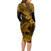 Hawaii Shark Long Sleeve Bodycon Dress Polynesian Pattern Gold Version LT01 - Polynesian Pride