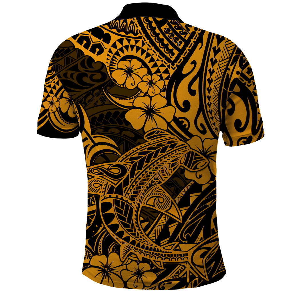 Hawaii Shark Polo Shirt Polynesian Pattern Gold Version LT01 - Polynesian Pride