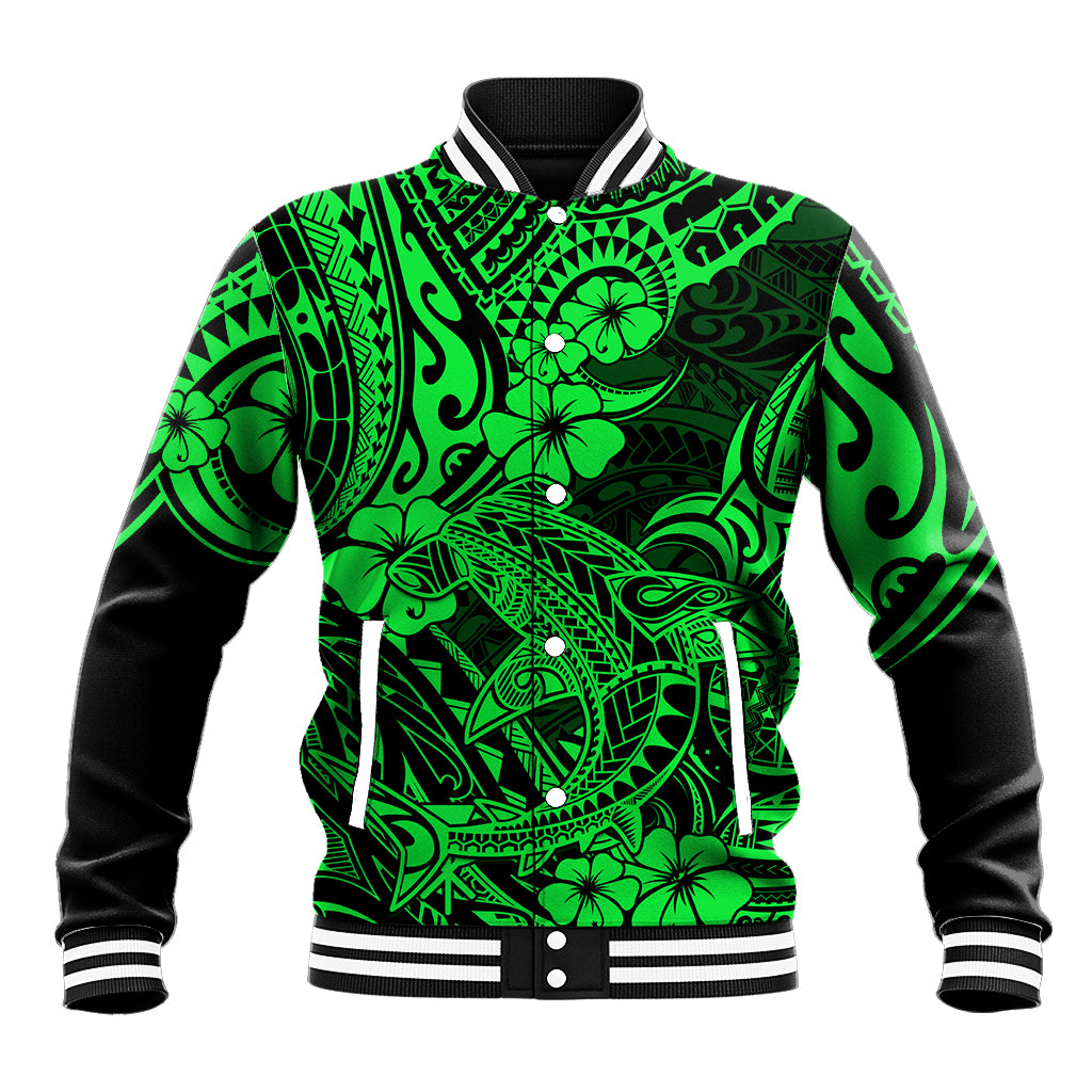 Hawaii Shark Baseball Jacket Polynesian Pattern Green Version LT01 Unisex Green - Polynesian Pride