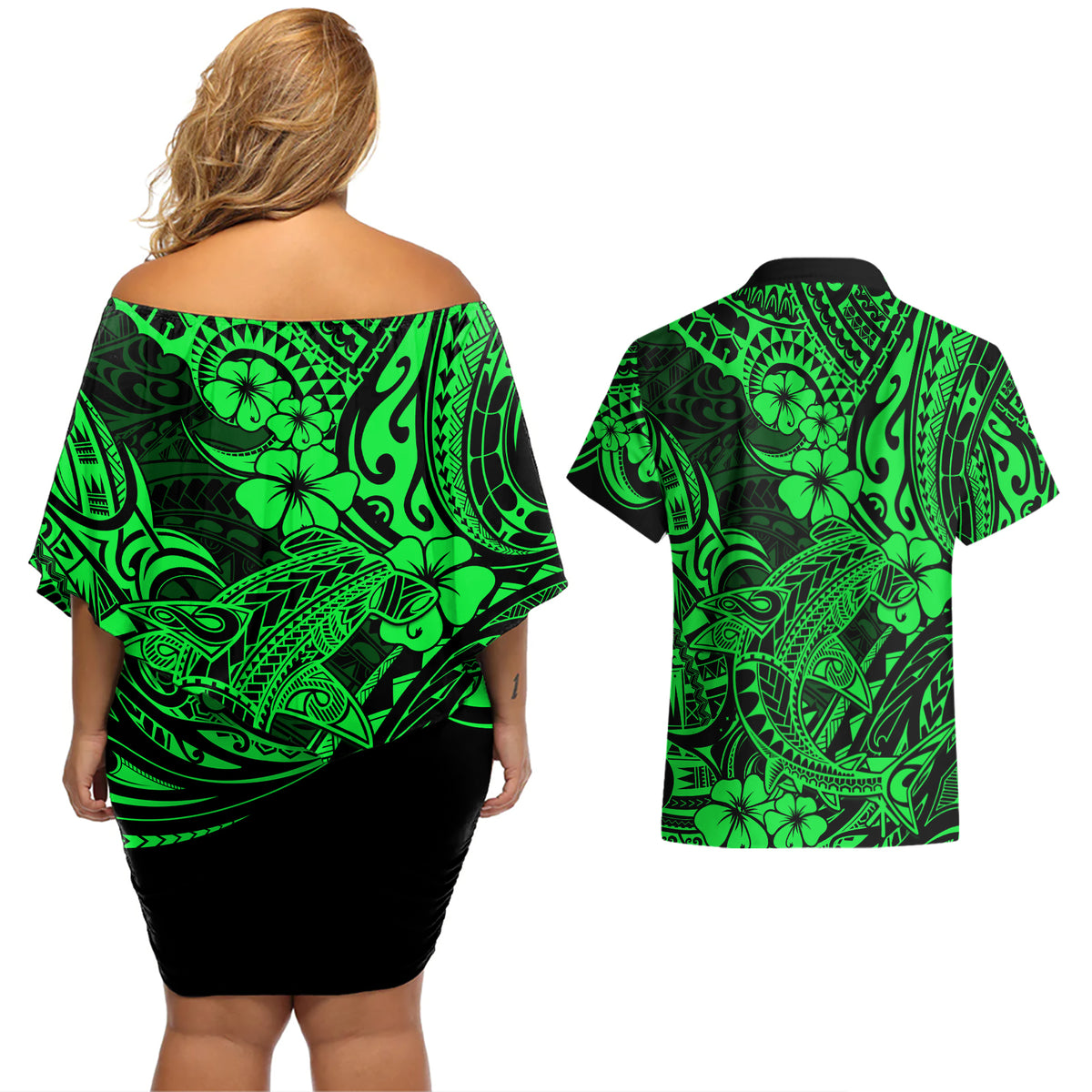 Hawaii Shark Couples Matching Off Shoulder Short Dress and Hawaiian Shirt Polynesian Pattern Green Version LT01 - Polynesian Pride