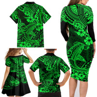 Hawaii Shark Family Matching Long Sleeve Bodycon Dress and Hawaiian Shirt Polynesian Pattern Green Version LT01 - Polynesian Pride