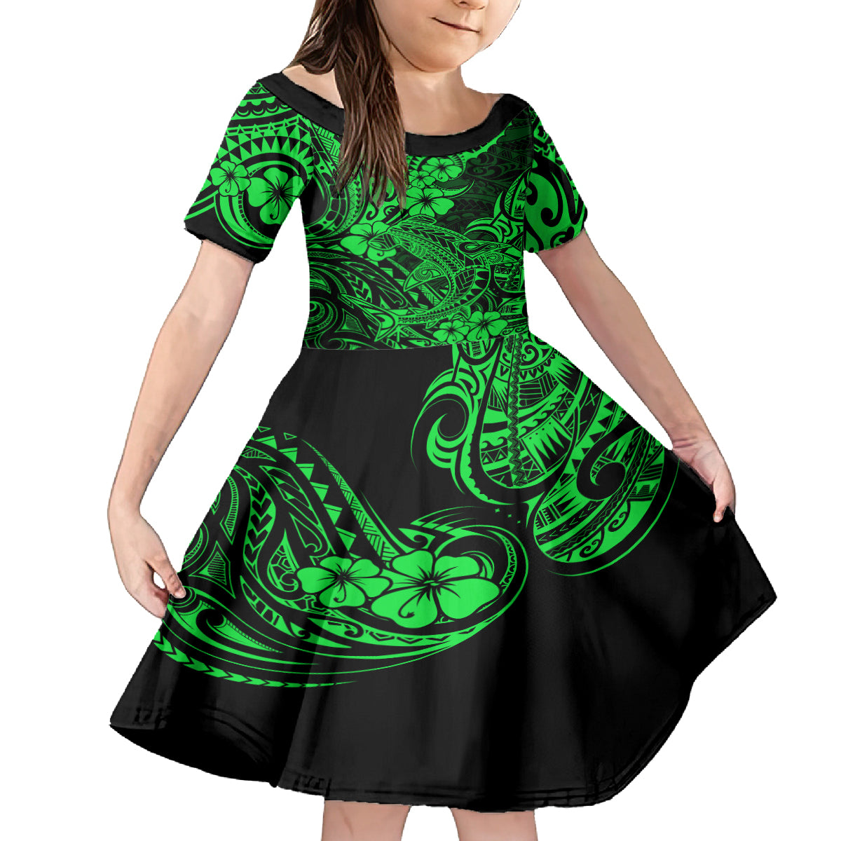 Hawaii Shark Kid Short Sleeve Dress Polynesian Pattern Green Version LT01 KID Green - Polynesian Pride