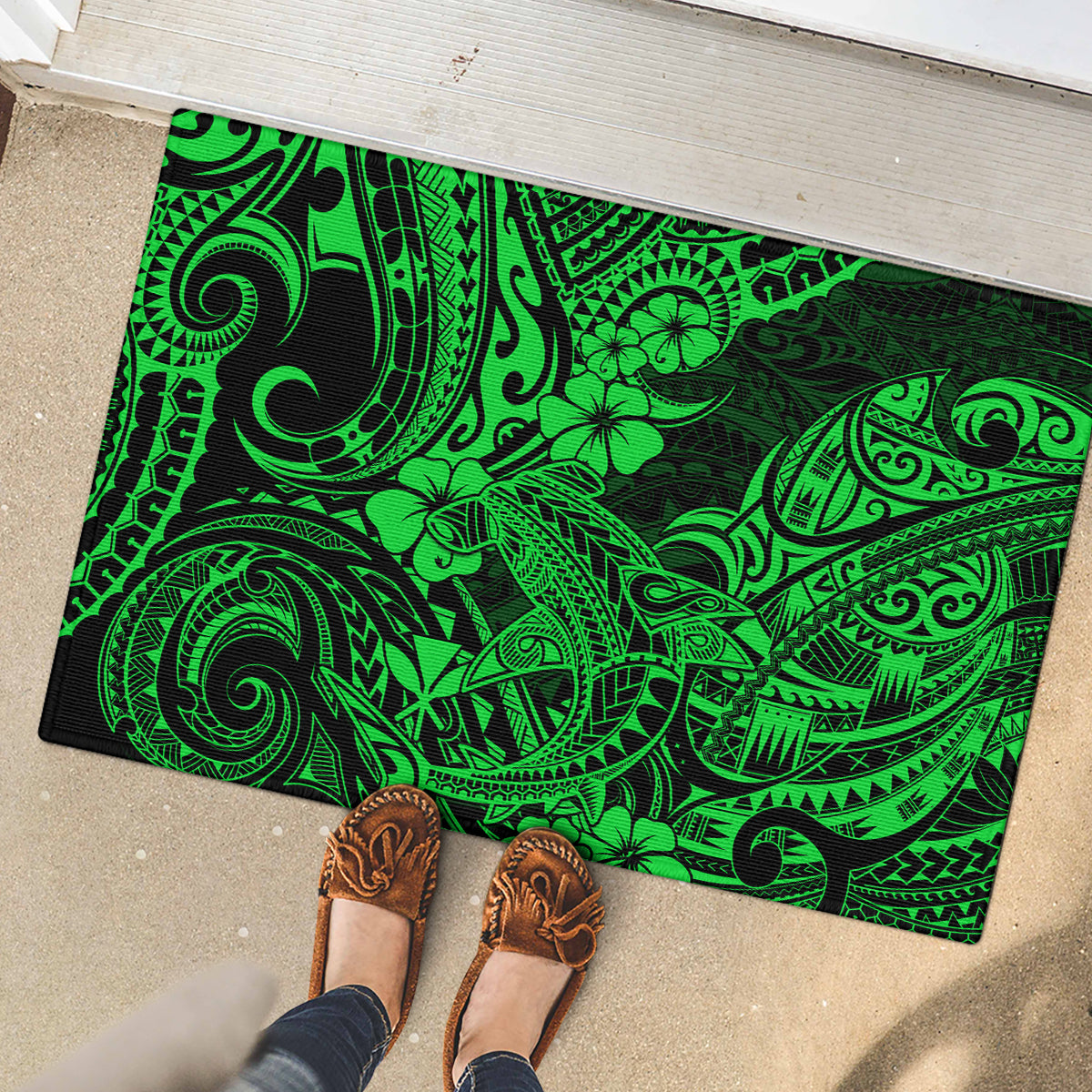 Hawaii Shark Rubber Doormat Polynesian Pattern Green Version LT01 - Polynesian Pride
