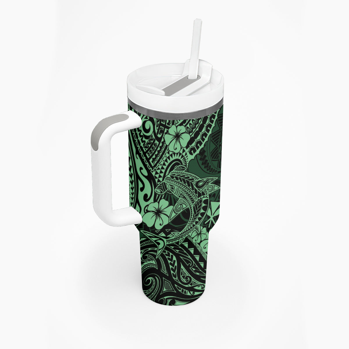 Hawaii Shark Tumbler With Handle Polynesian Pattern Green Version