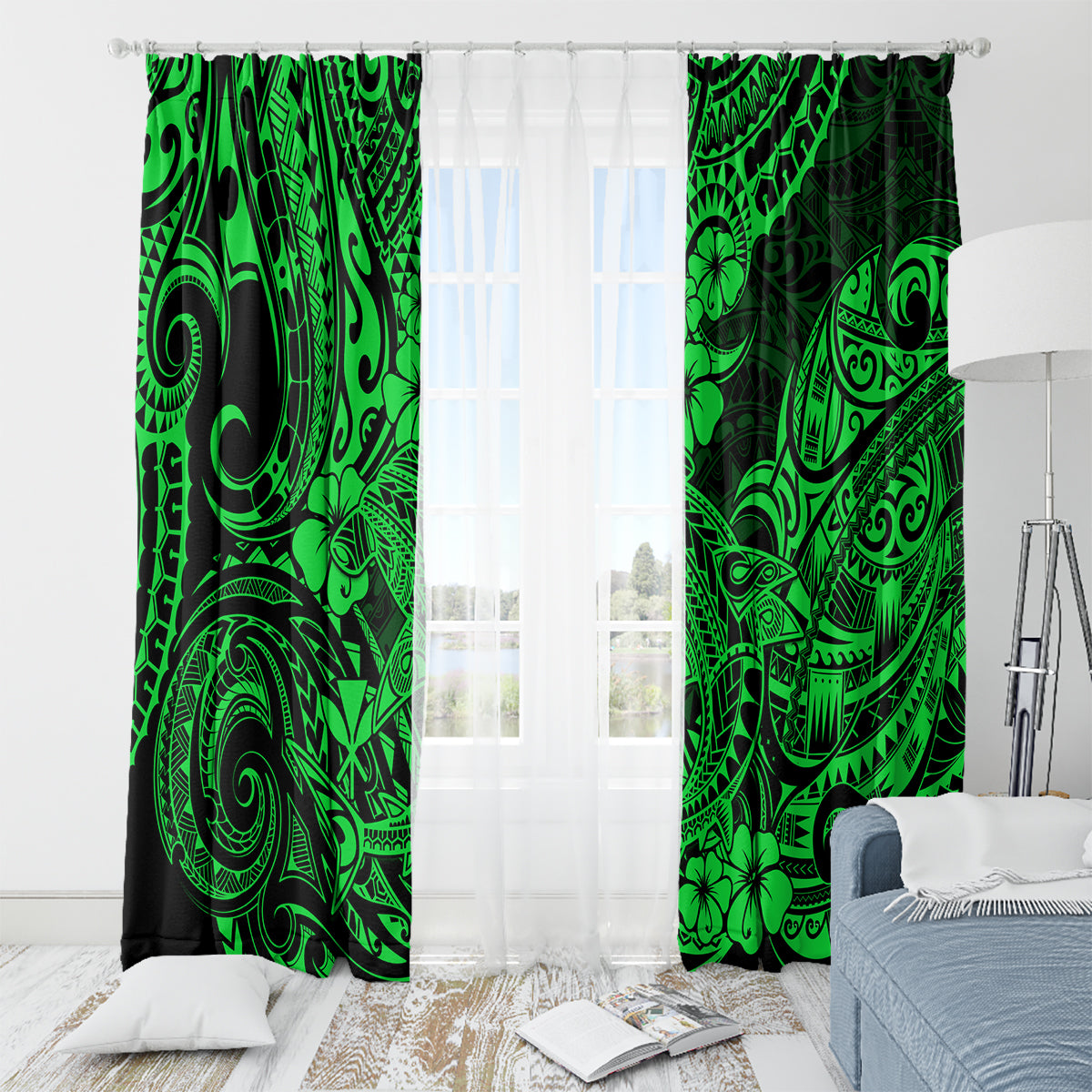 Hawaii Shark Window Curtain Polynesian Pattern Green Version LT01 - Polynesian Pride