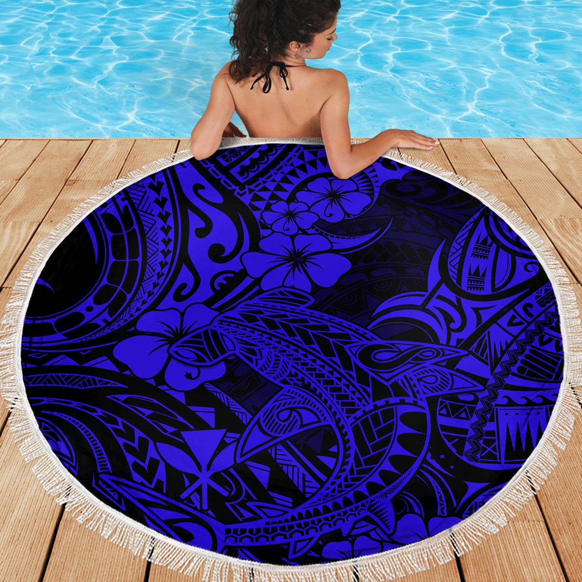 Hawaii Shark Beach Blanket Polynesian Pattern Navy Blue Version LT01 - Wonder Print Shop