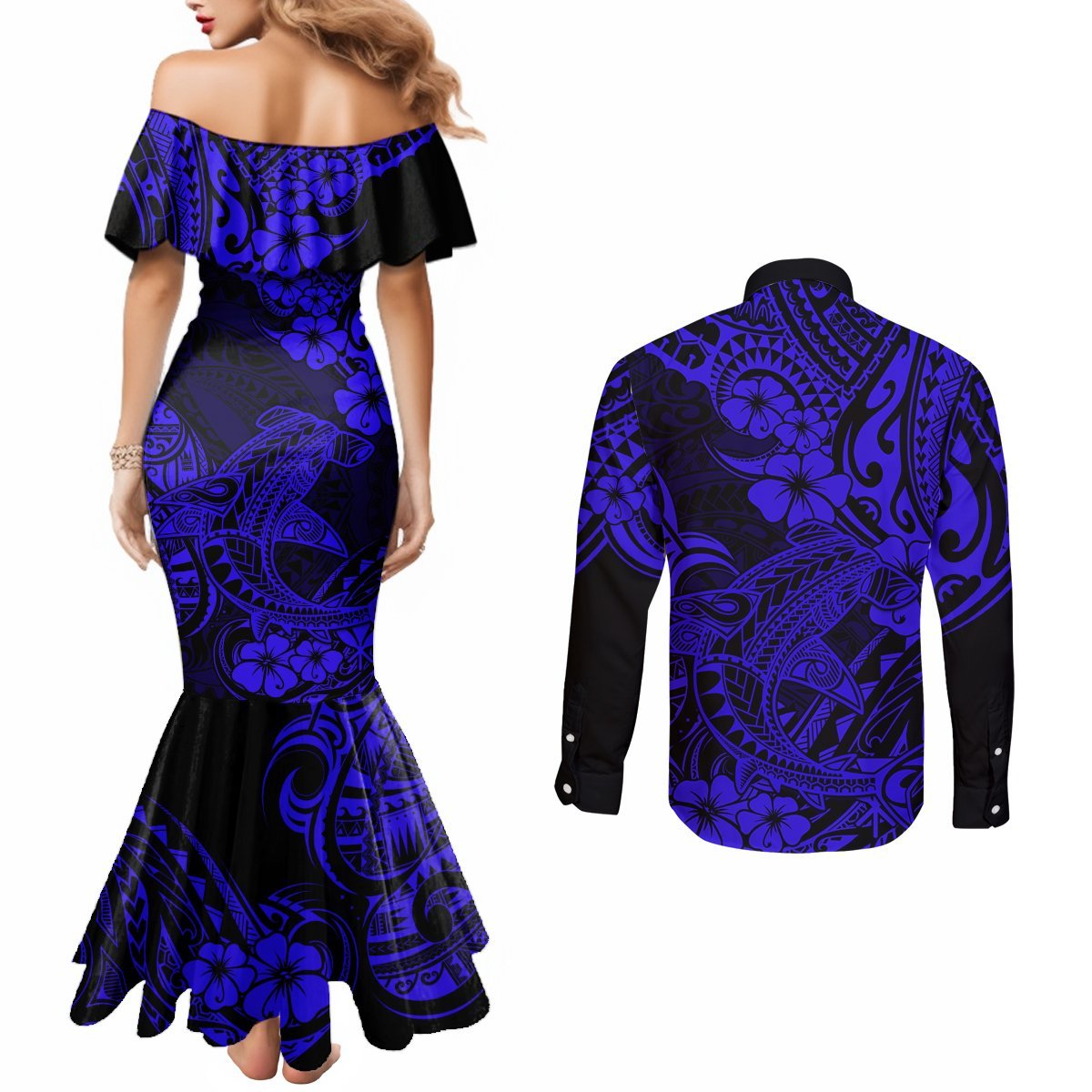 Hawaii Shark Couples Matching Mermaid Dress and Long Sleeve Button Shirts Polynesian Pattern Navy Blue Version LT01 - Polynesian Pride
