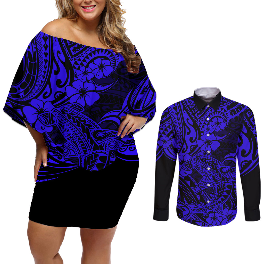 Hawaii Shark Couples Matching Off Shoulder Short Dress and Long Sleeve Button Shirts Polynesian Pattern Navy Blue Version LT01 Blue - Polynesian Pride