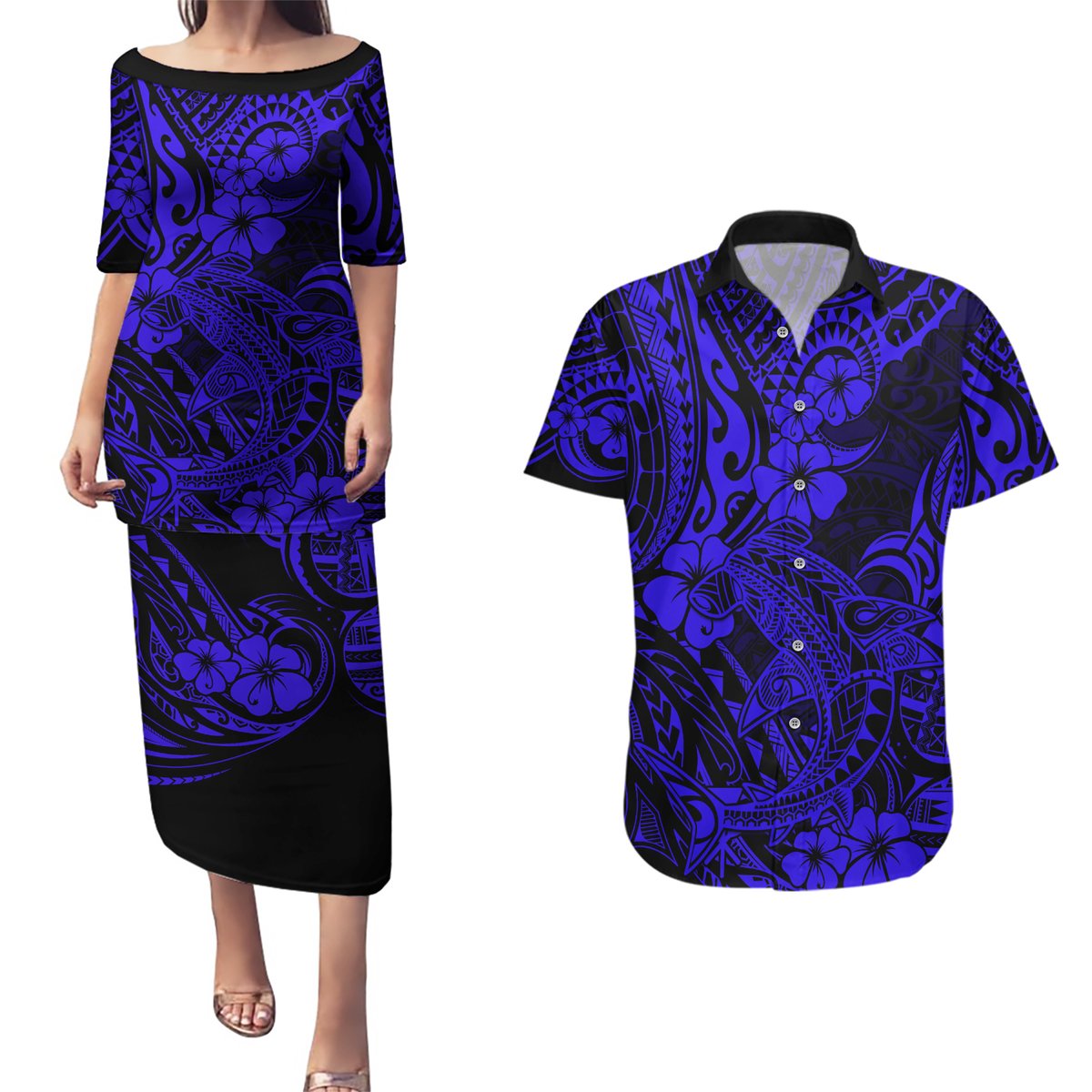 Hawaii Shark Couples Matching Puletasi Dress and Hawaiian Shirt Polynesian Pattern Navy Blue Version LT01 Blue - Polynesian Pride