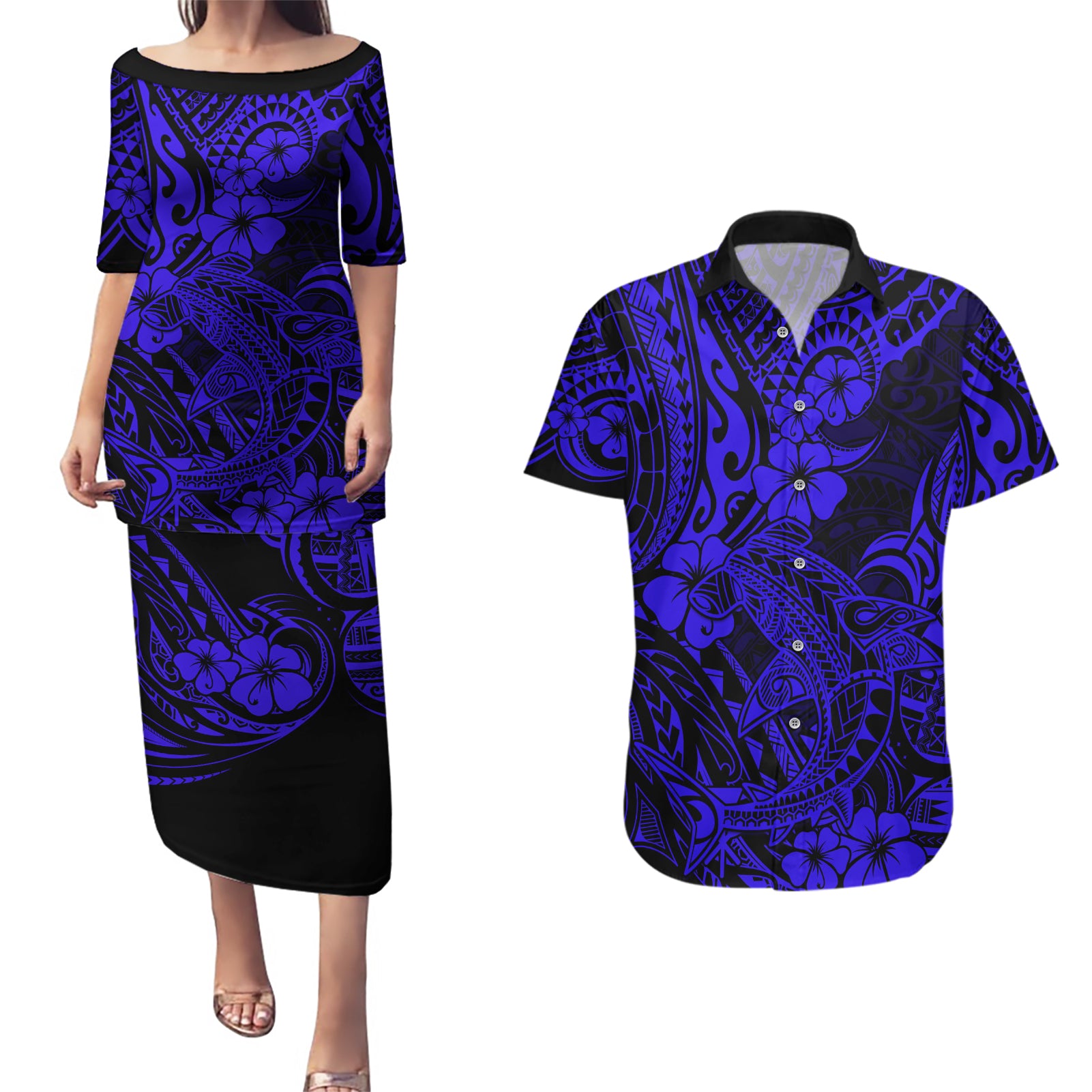 Hawaii Shark Couples Matching Puletasi Dress and Hawaiian Shirt Polynesian Pattern Navy Blue Version LT01 Blue - Polynesian Pride