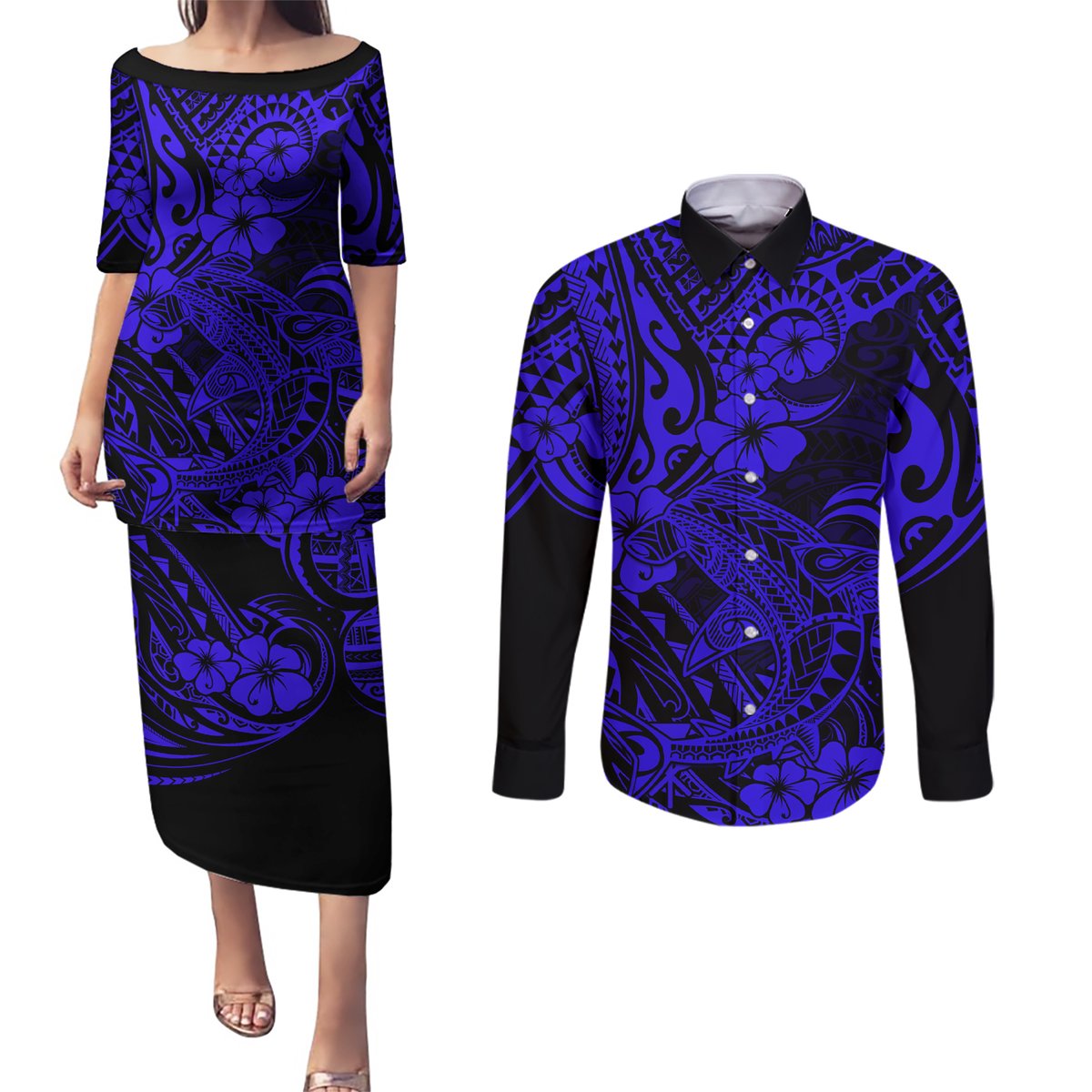 Hawaii Shark Couples Matching Puletasi Dress and Long Sleeve Button Shirts Polynesian Pattern Navy Blue Version LT01 Blue - Polynesian Pride
