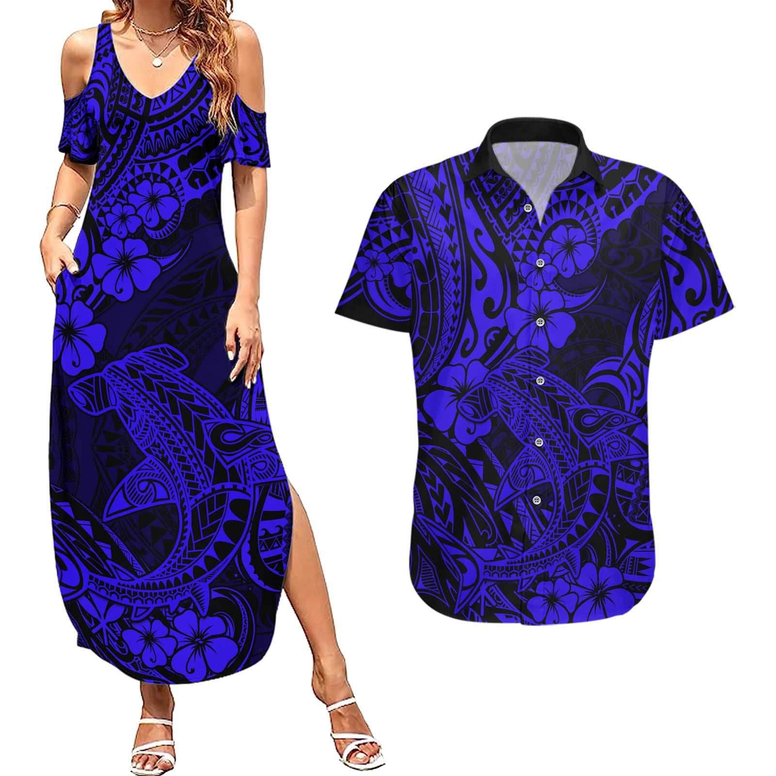 Hawaii Shark Couples Matching Summer Maxi Dress and Hawaiian Shirt Polynesian Pattern Navy Blue Version LT01 Blue - Polynesian Pride