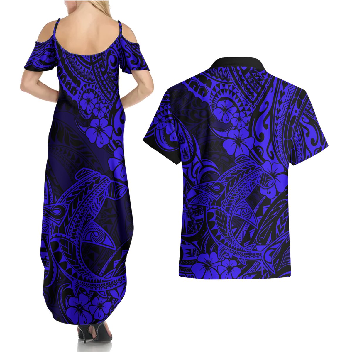 Hawaii Shark Couples Matching Summer Maxi Dress and Hawaiian Shirt Polynesian Pattern Navy Blue Version LT01 - Polynesian Pride