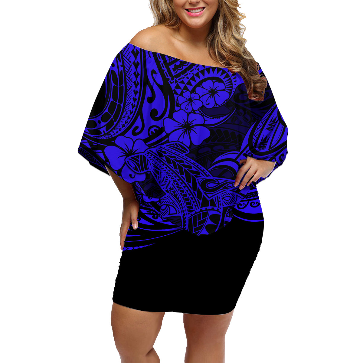 Hawaii Shark Family Matching Off Shoulder Short Dress and Hawaiian Shirt Polynesian Pattern Navy Blue Version LT01 Mom's Dress Blue - Polynesian Pride