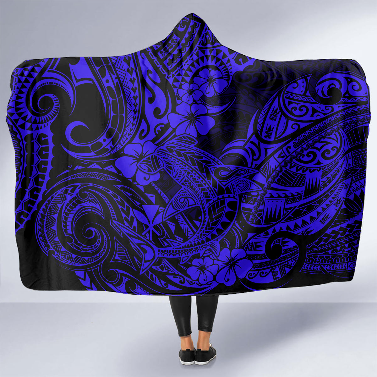Hawaii Shark Hooded Blanket Polynesian Pattern Navy Blue Version LT01 - Polynesian Pride