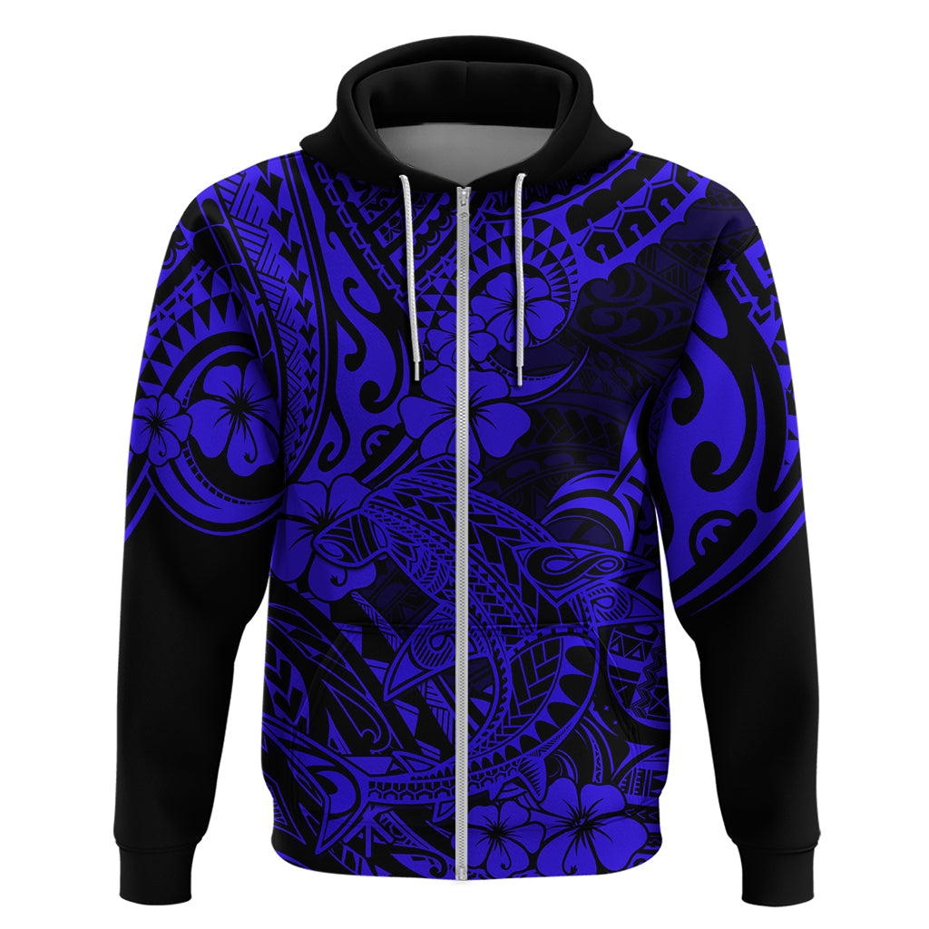 Hawaii Shark Hoodie Polynesian Pattern Navy Blue Version LT01 Zip Hoodie Blue - Polynesian Pride