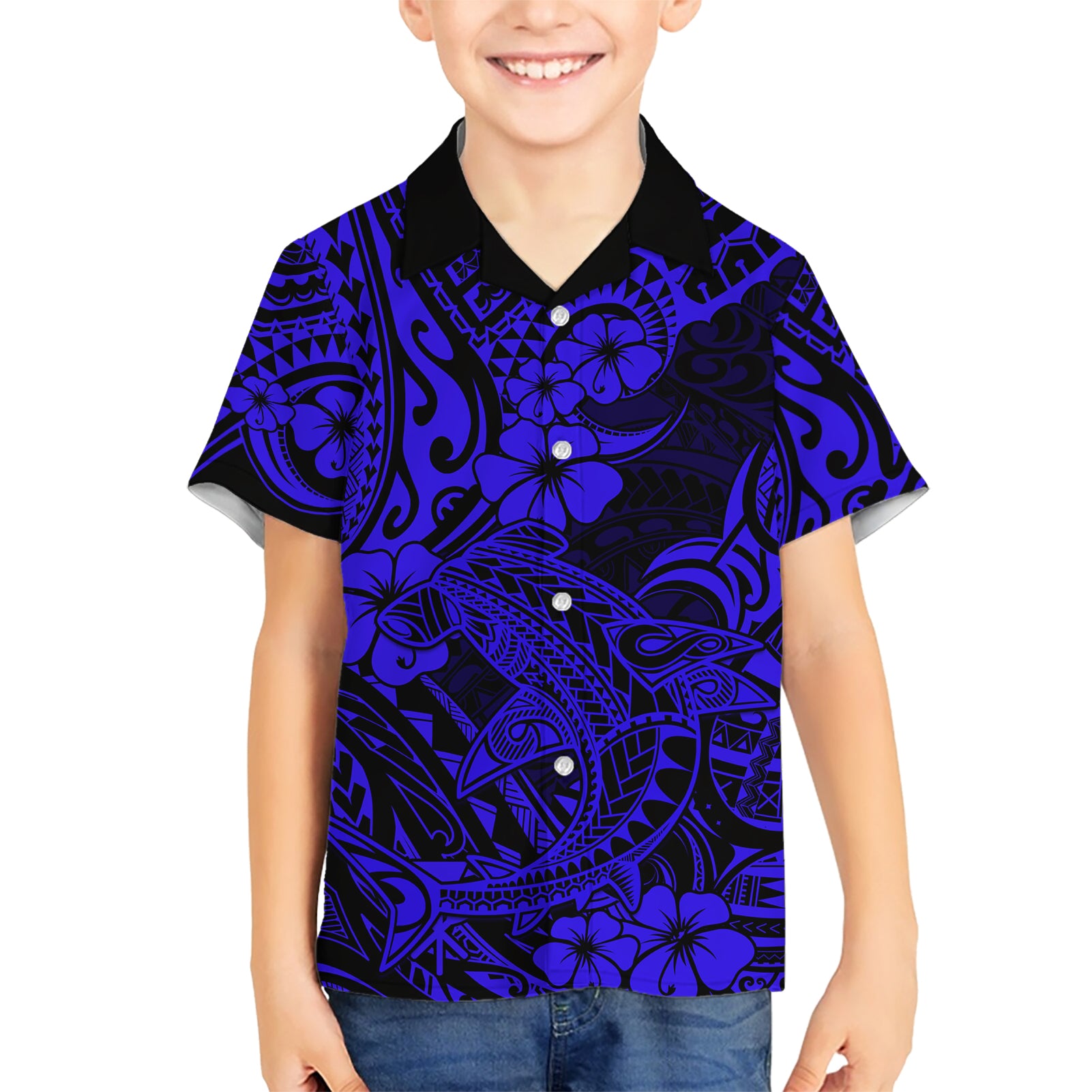 Hawaii Shark Kid Hawaiian Shirt Polynesian Pattern Navy Blue Version LT01 Kid Blue - Polynesian Pride