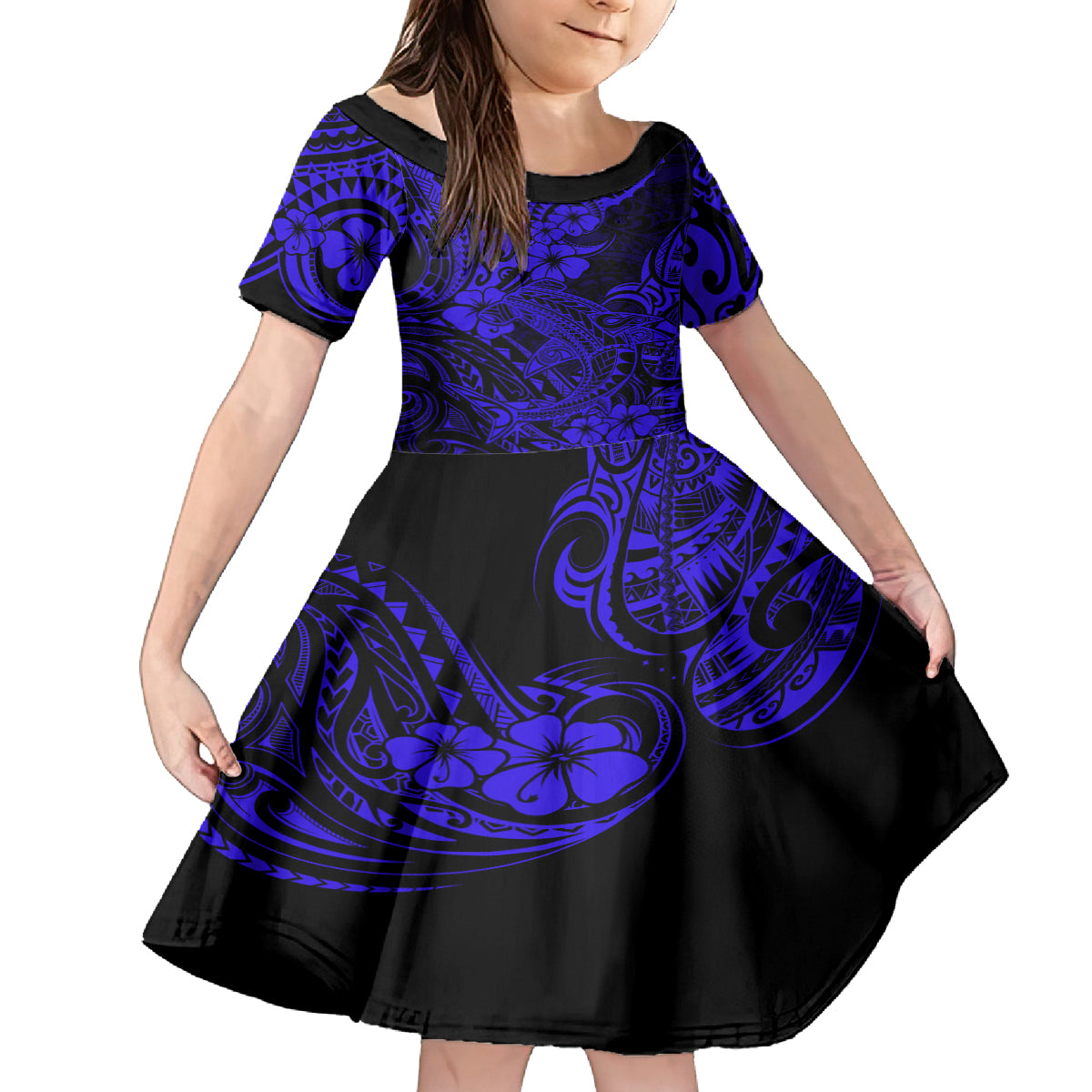 Hawaii Shark Kid Short Sleeve Dress Polynesian Pattern Navy Blue Version LT01 KID Blue - Polynesian Pride