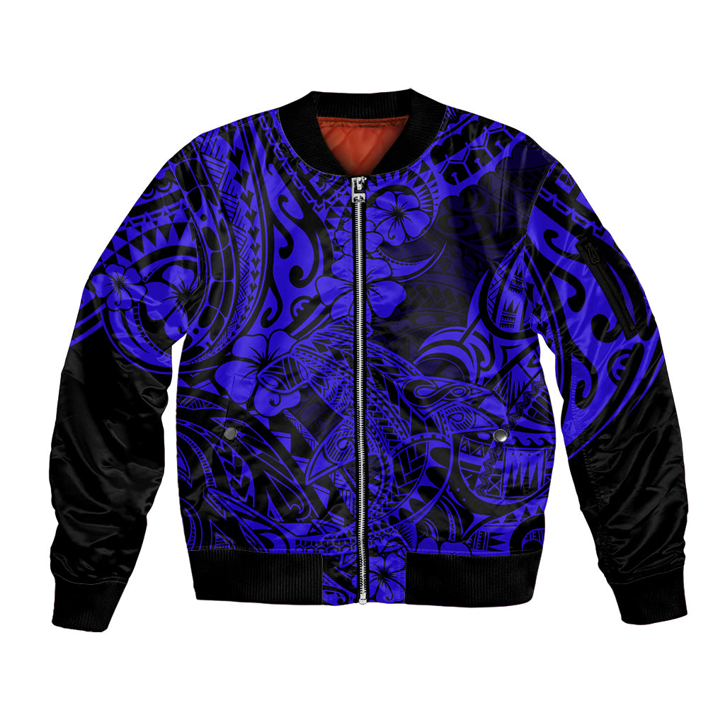 Hawaii Shark Sleeve Zip Bomber Jacket Polynesian Pattern Navy Blue Version LT01 Unisex Blue - Polynesian Pride