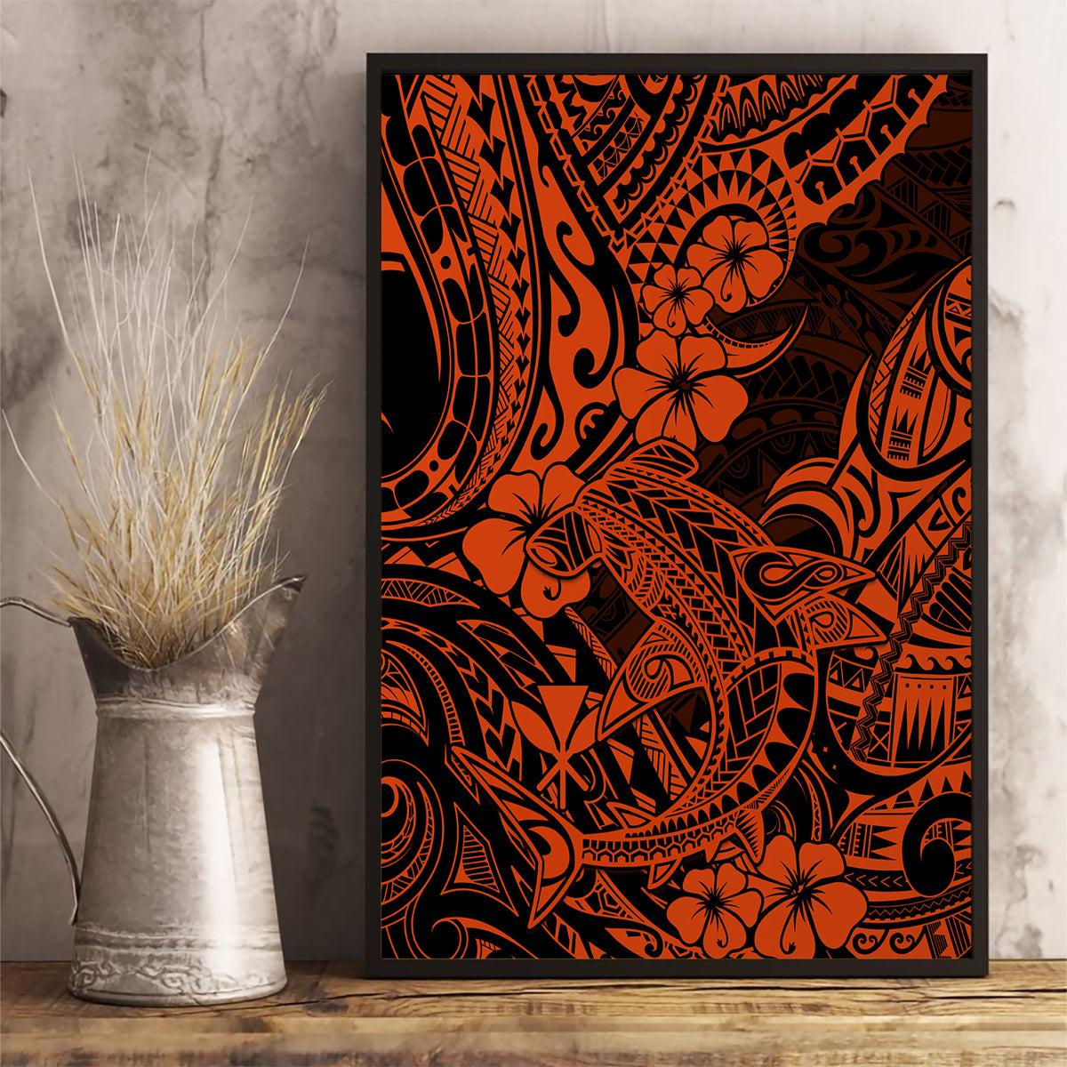 Hawaii Shark Canvas Wall Art Polynesian Pattern Orange Version LT01 - Polynesian Pride
