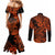 Hawaii Shark Couples Matching Mermaid Dress and Long Sleeve Button Shirts Polynesian Pattern Orange Version LT01 - Polynesian Pride