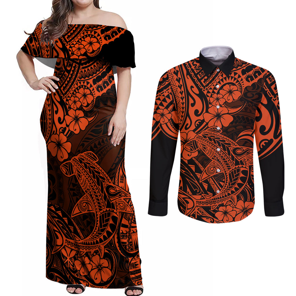 Hawaii Shark Couples Matching Off Shoulder Maxi Dress and Long Sleeve Button Shirts Polynesian Pattern Orange Version LT01 Orange - Polynesian Pride