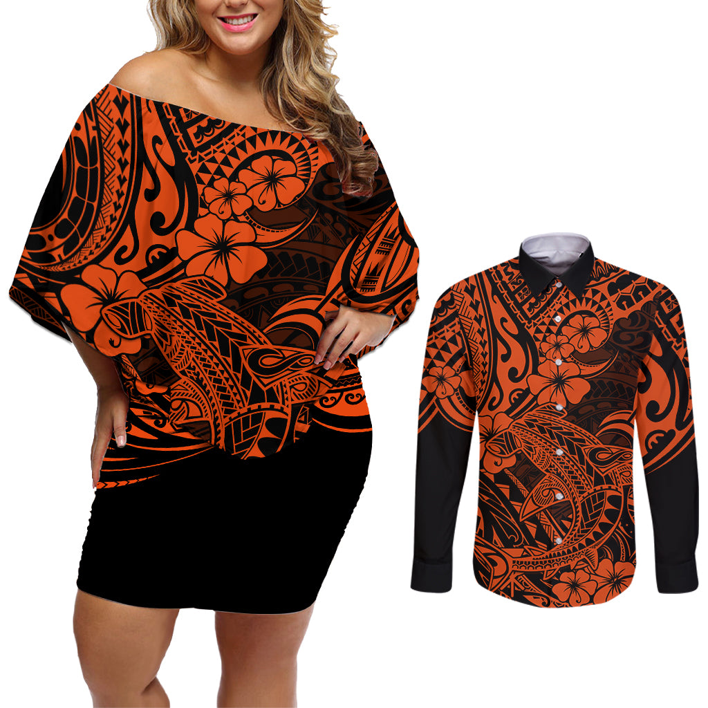 Hawaii Shark Couples Matching Off Shoulder Short Dress and Long Sleeve Button Shirts Polynesian Pattern Orange Version LT01 Orange - Polynesian Pride