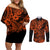 Hawaii Shark Couples Matching Off Shoulder Short Dress and Long Sleeve Button Shirts Polynesian Pattern Orange Version LT01 Orange - Polynesian Pride