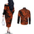 Hawaii Shark Couples Matching Off The Shoulder Long Sleeve Dress and Long Sleeve Button Shirts Polynesian Pattern Orange Version LT01 - Polynesian Pride