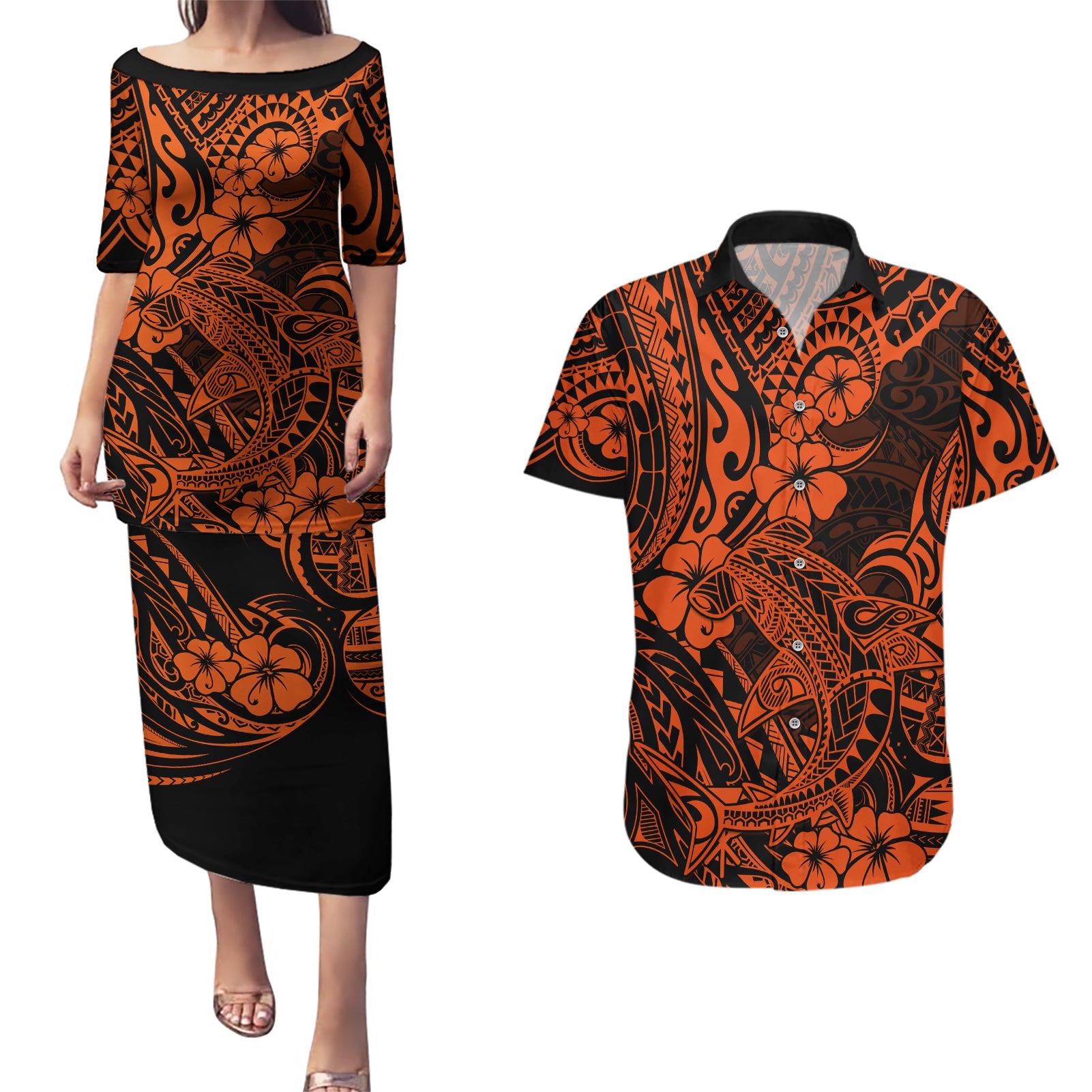 Hawaii Shark Couples Matching Puletasi Dress and Hawaiian Shirt Polynesian Pattern Orange Version LT01 Orange - Polynesian Pride