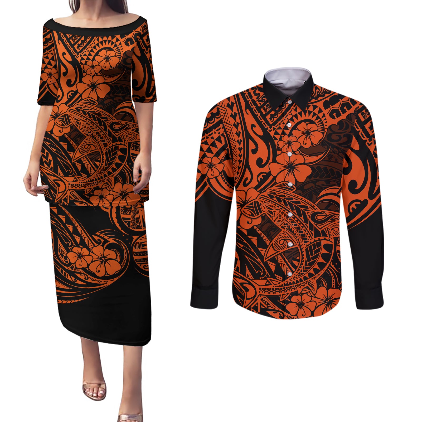 Hawaii Shark Couples Matching Puletasi Dress and Long Sleeve Button Shirts Polynesian Pattern Orange Version LT01 Orange - Polynesian Pride