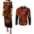 Hawaii Shark Couples Matching Puletasi Dress and Long Sleeve Button Shirts Polynesian Pattern Orange Version LT01 Orange - Polynesian Pride