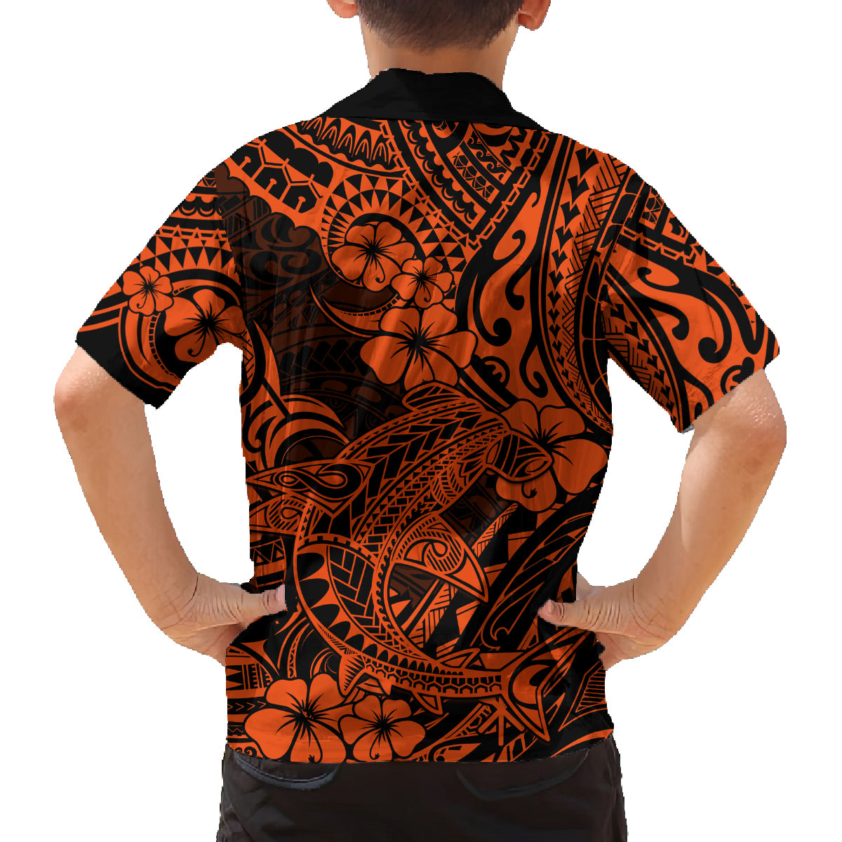 Hawaii Shark Family Matching Off Shoulder Short Dress and Hawaiian Shirt Polynesian Pattern Orange Version LT01 - Polynesian Pride