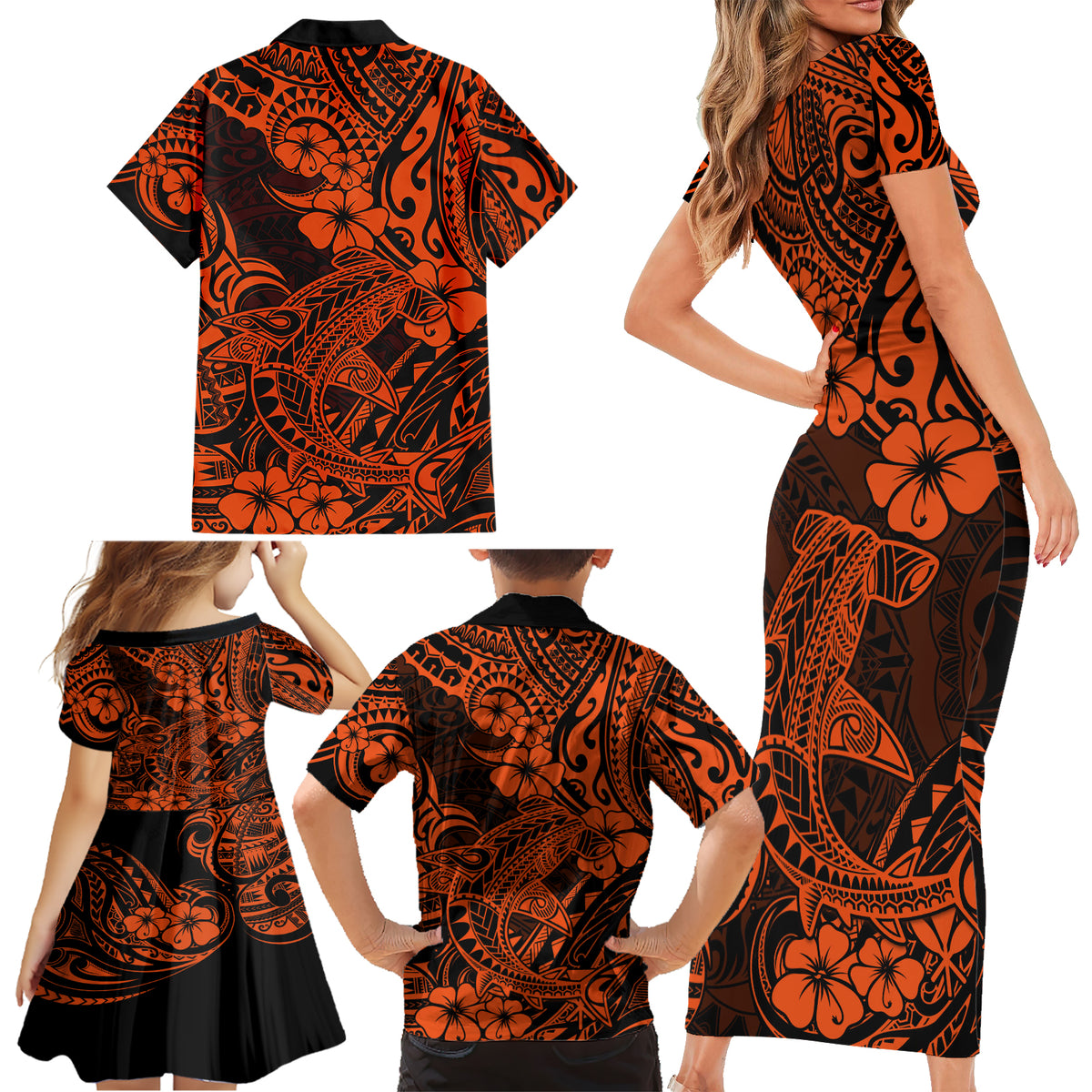 Hawaii Shark Family Matching Short Sleeve Bodycon Dress and Hawaiian Shirt Polynesian Pattern Orange Version LT01 - Polynesian Pride
