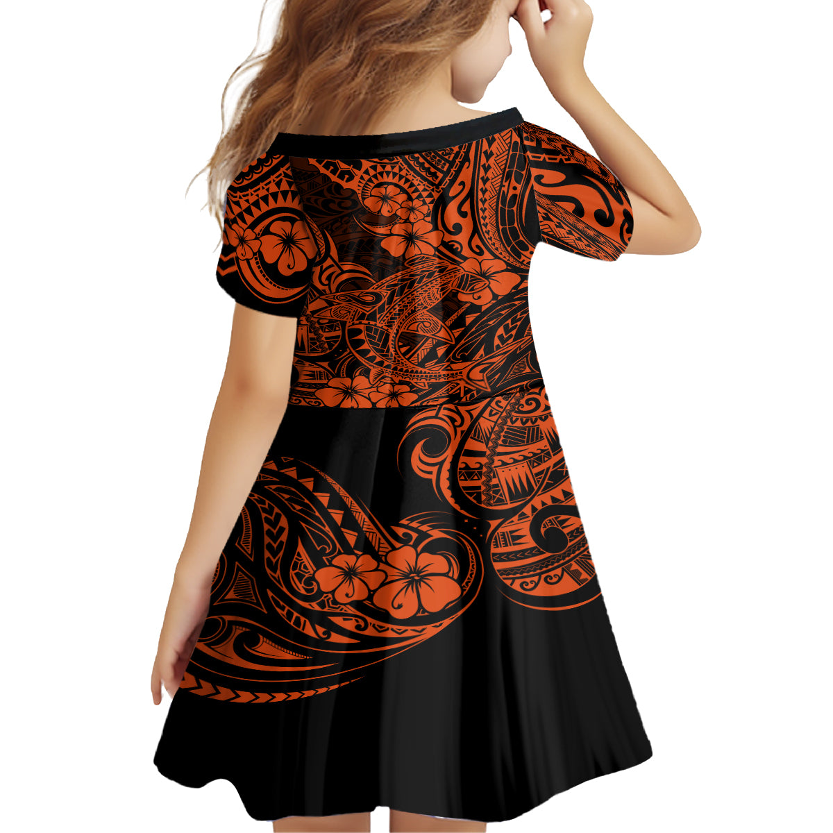 Hawaii Shark Kid Short Sleeve Dress Polynesian Pattern Orange Version LT01 - Polynesian Pride