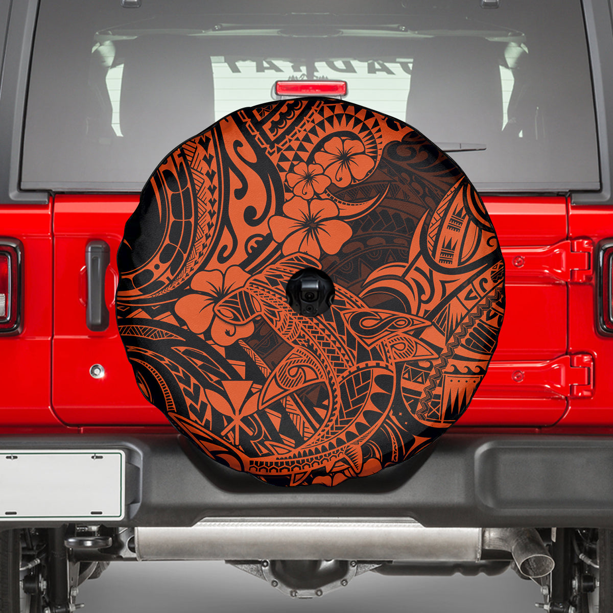 Hawaii Shark Spare Tire Cover Polynesian Pattern Orange Version LT01 - Polynesian Pride