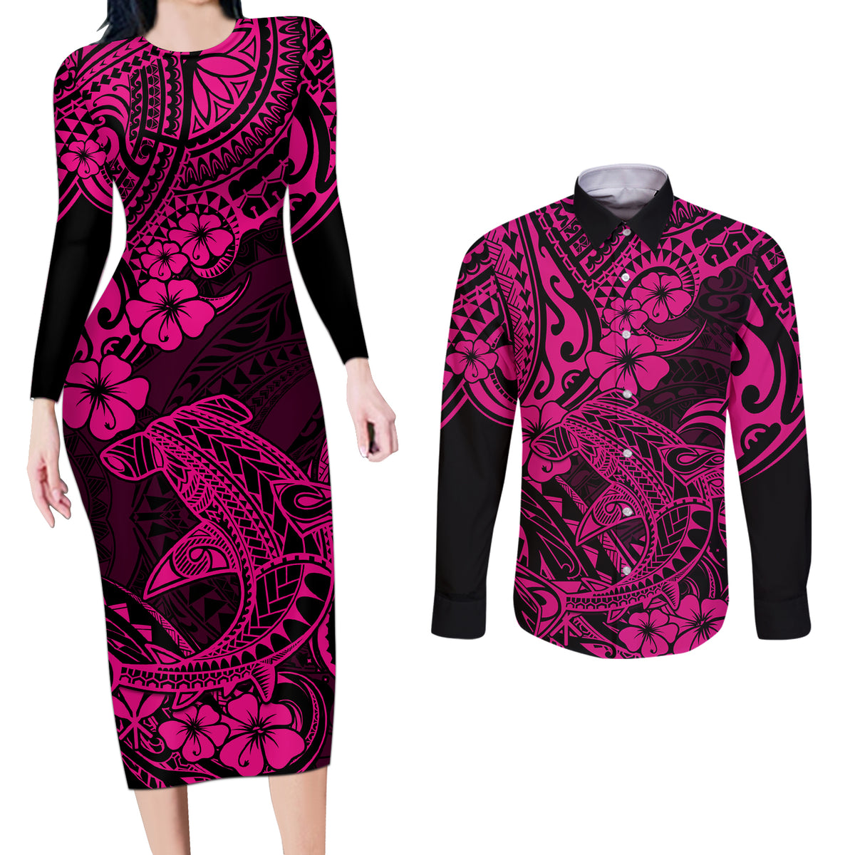 Hawaii Shark Couples Matching Long Sleeve Bodycon Dress and Long Sleeve Button Shirts Polynesian Pattern Pink Version LT01 Pink - Polynesian Pride