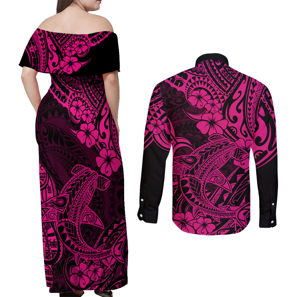 Hawaii Shark Couples Matching Off Shoulder Maxi Dress and Long Sleeve Button Shirts Polynesian Pattern Pink Version LT01 - Polynesian Pride