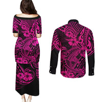 Hawaii Shark Couples Matching Puletasi Dress and Long Sleeve Button Shirts Polynesian Pattern Pink Version LT01 - Polynesian Pride