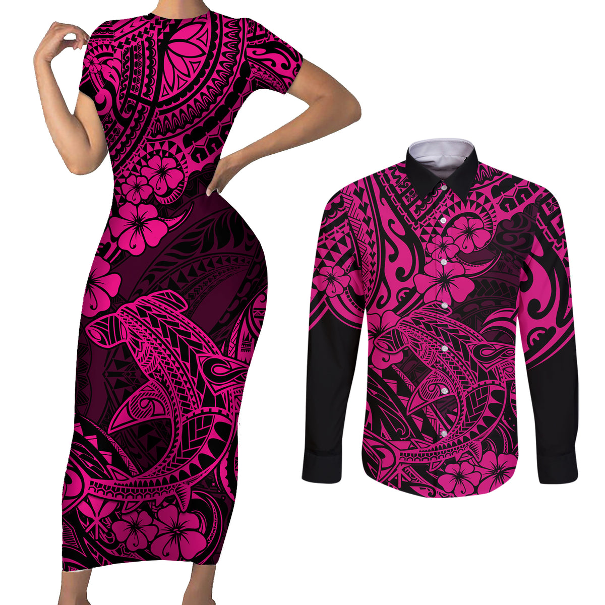 Hawaii Shark Couples Matching Short Sleeve Bodycon Dress and Long Sleeve Button Shirts Polynesian Pattern Pink Version LT01 Pink - Polynesian Pride