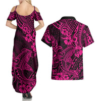 Hawaii Shark Couples Matching Summer Maxi Dress and Hawaiian Shirt Polynesian Pattern Pink Version LT01 - Polynesian Pride