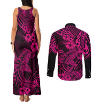 Hawaii Shark Couples Matching Tank Maxi Dress and Long Sleeve Button Shirts Polynesian Pattern Pink Version LT01 - Polynesian Pride