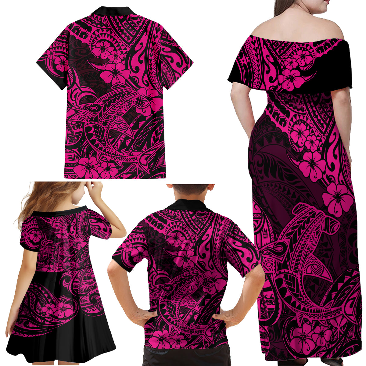 Hawaii Shark Family Matching Off Shoulder Maxi Dress and Hawaiian Shirt Polynesian Pattern Pink Version LT01 - Polynesian Pride