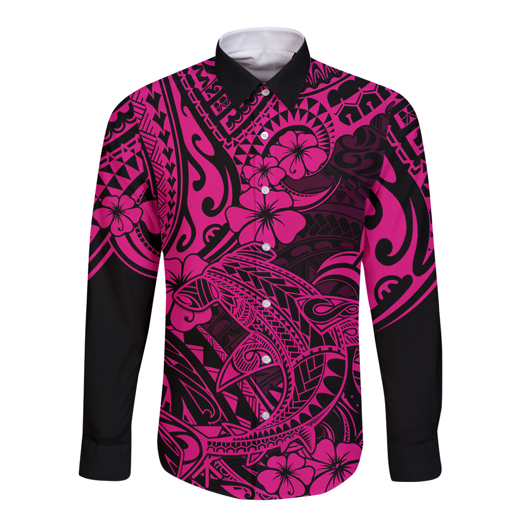Hawaii Shark Long Sleeve Button Shirt Polynesian Pattern Pink Version LT01 Unisex Pink - Polynesian Pride